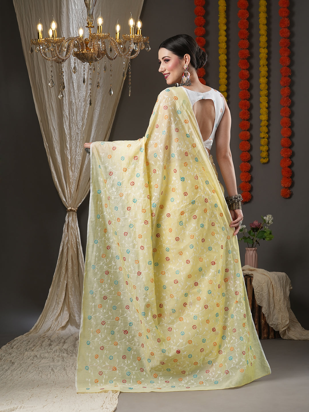 Cotton Blend Yellow Embroidered Designer Saree With Blouse