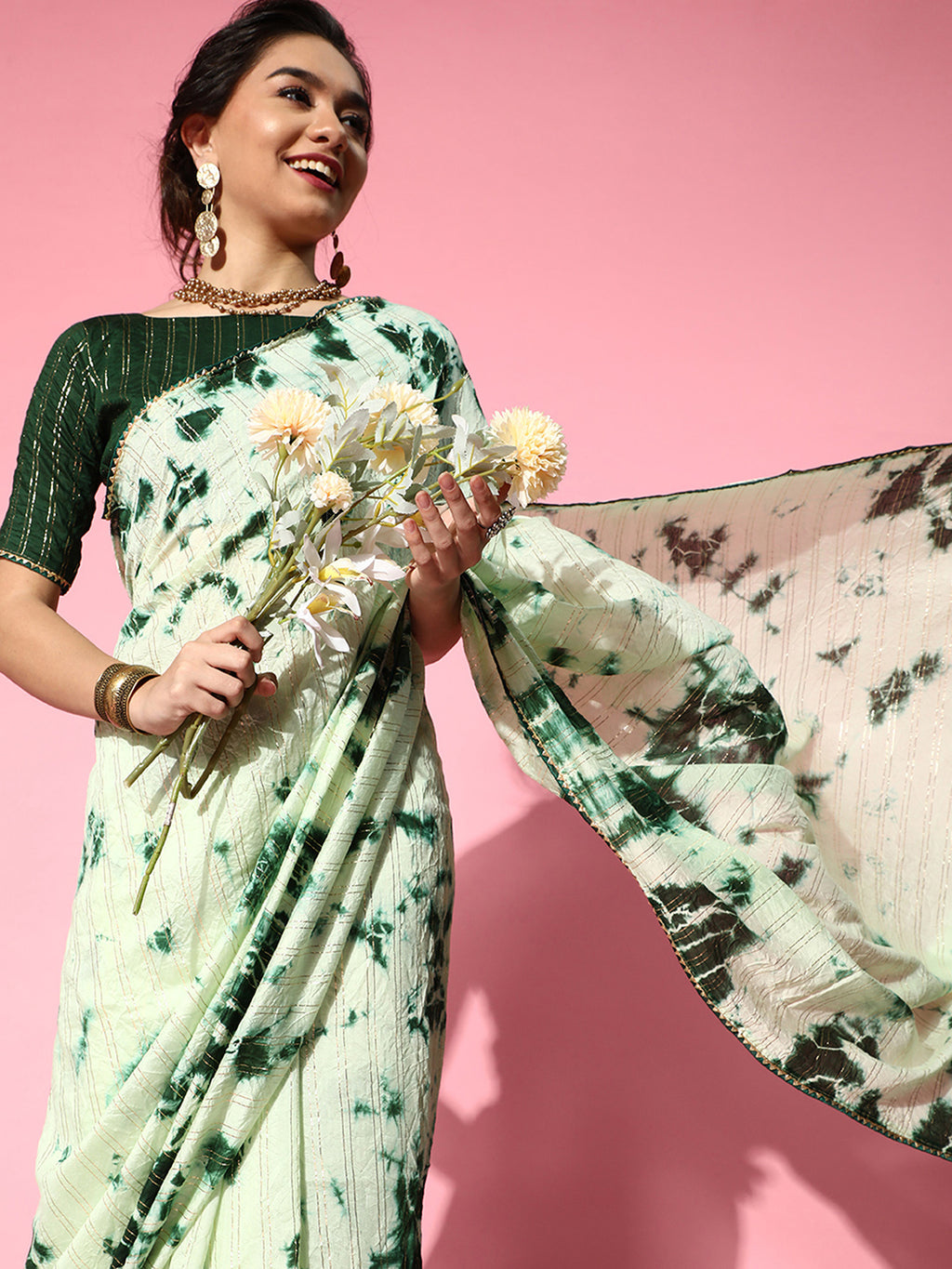Silk Blend Green Printed DesignerSaree With Blouse Piece
