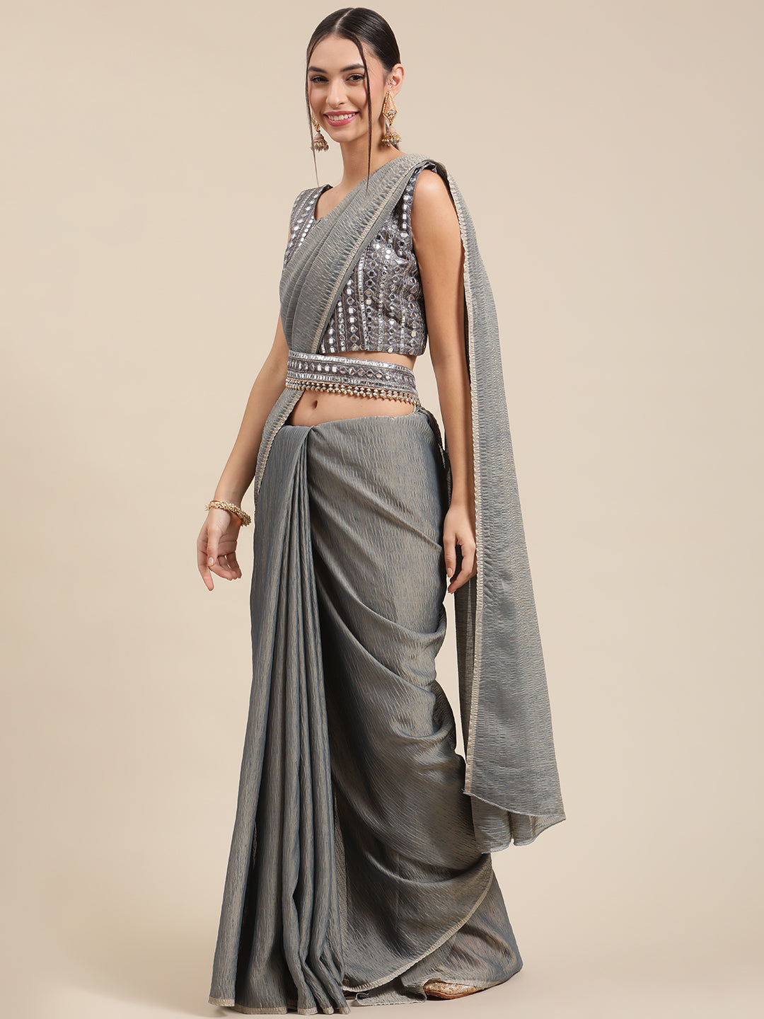 Polycotton Grey Solid BeltedSarees With Blouse Piece