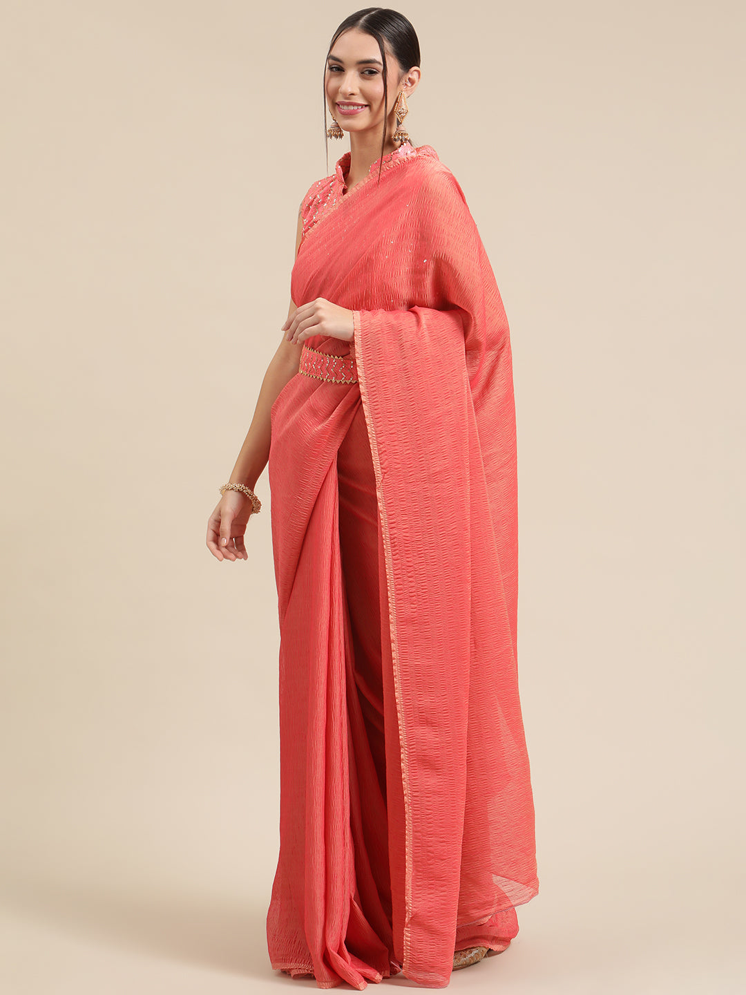 Polycotton Pink Solid BeltedSarees With Blouse Piece