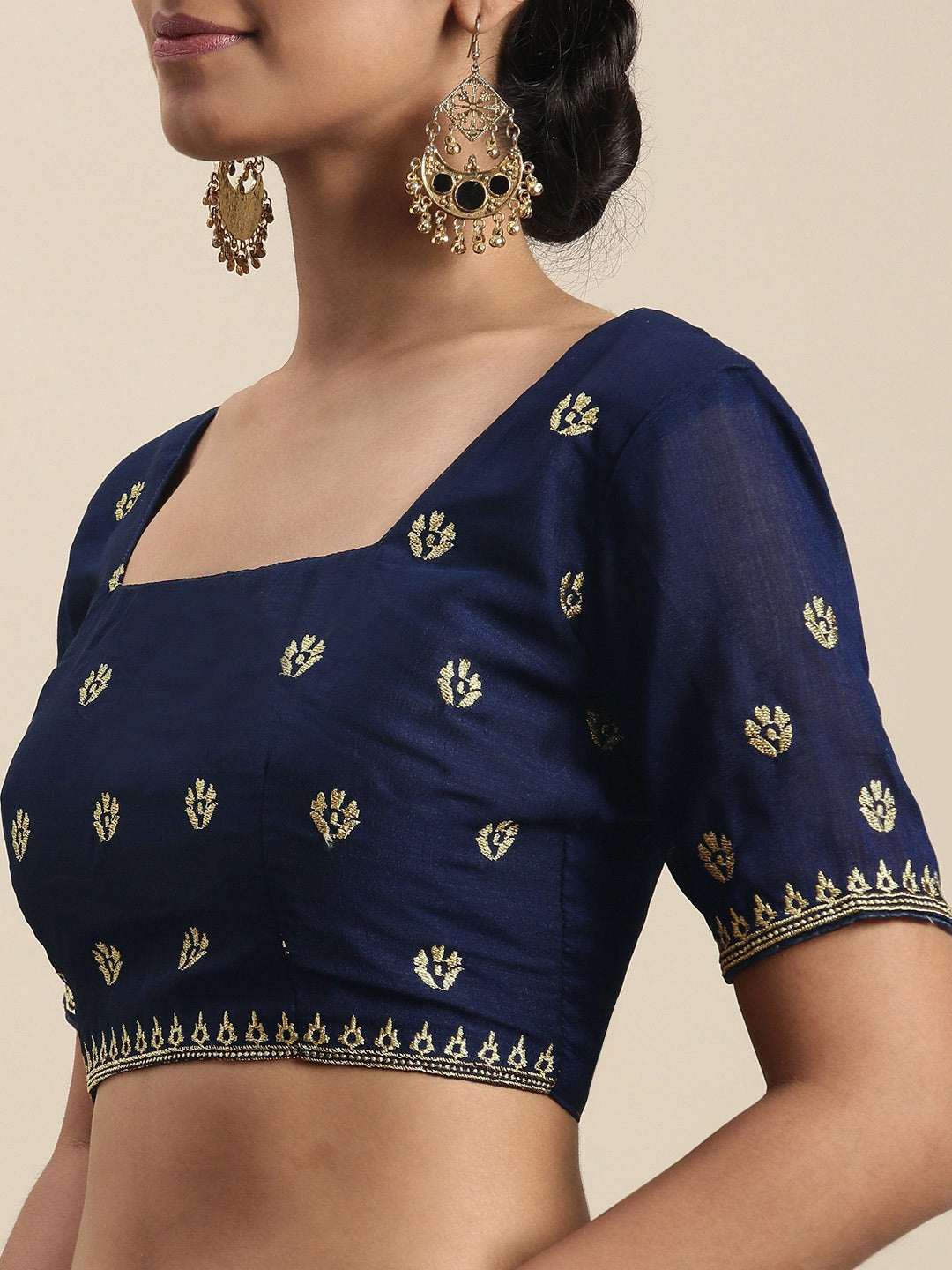 Silk Blend NavyBlue Embellished DesignerSaree With Blouse Piece
