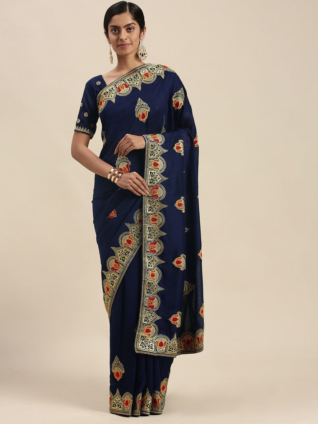 Silk Blend NavyBlue Embellished DesignerSaree With Blouse Piece