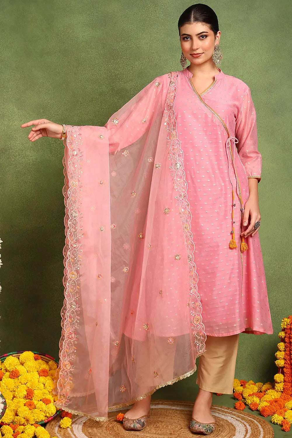 Pink Organza Scalloped Dupatta