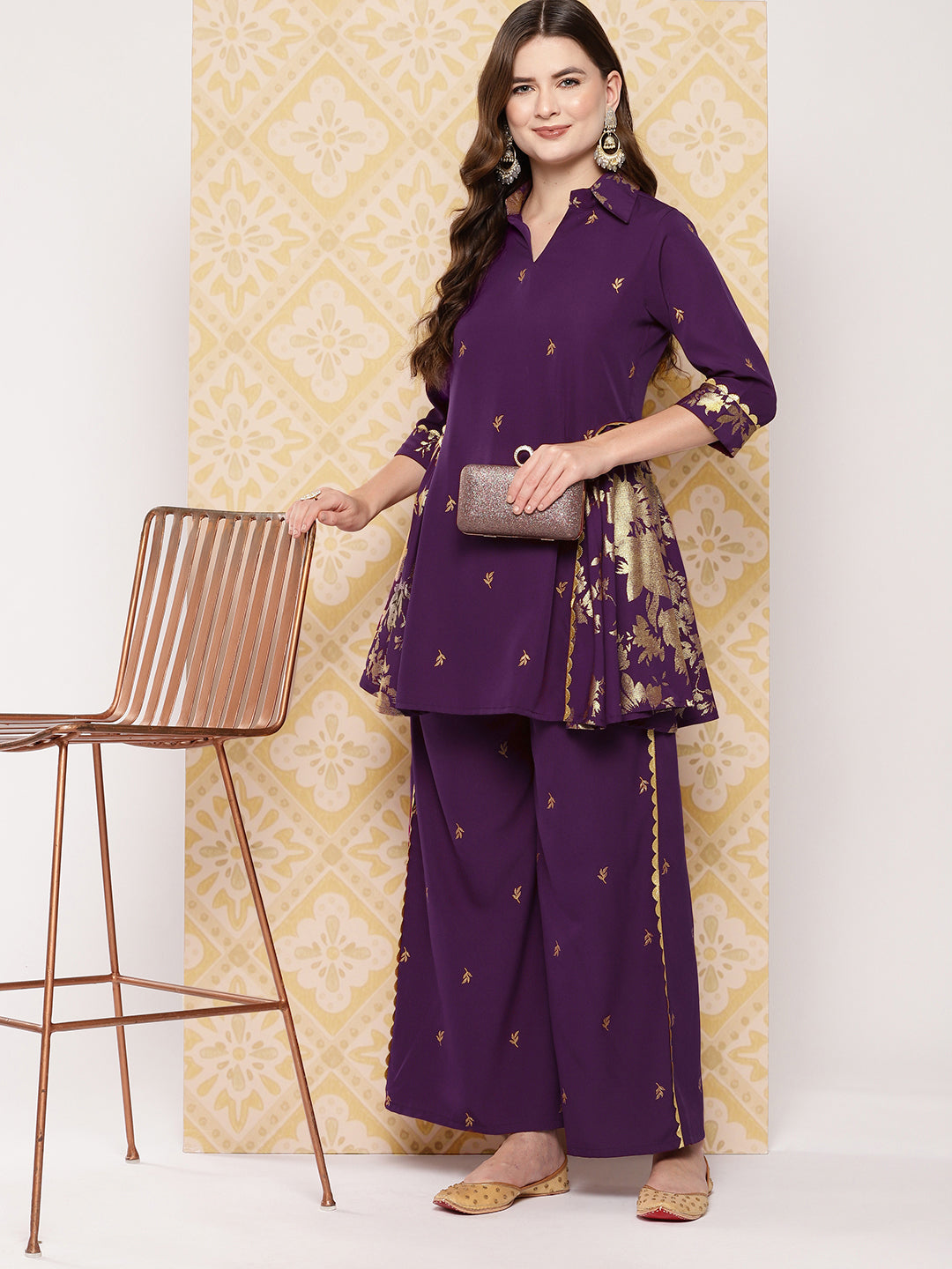 Burgundy Floral Printed Ethnic Tunic with Palazzos-AH