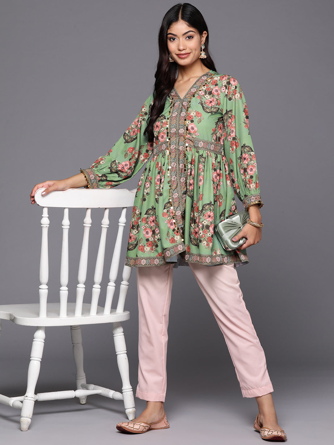 Green & Pink Floral Printed Tunic