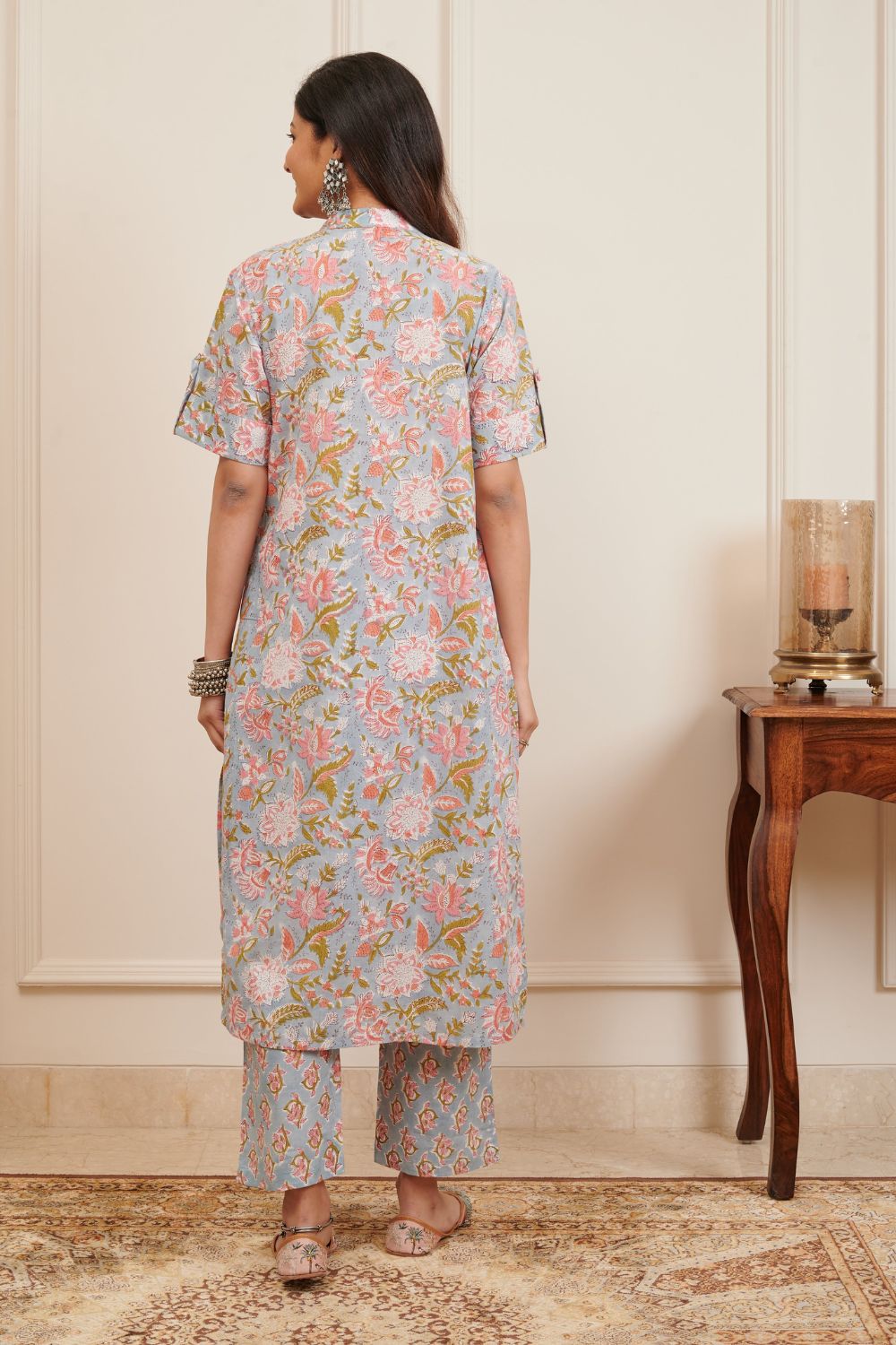 Grey / Pink Hand Block Printed Half Sleeves Kurta