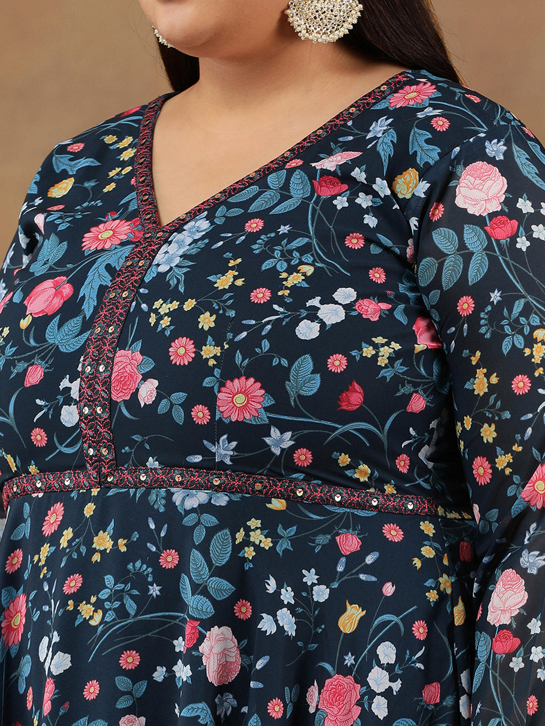 Plus Size Floral Printed Long Sleeves Georgette Anarkali Kurta With Dupatta - ID