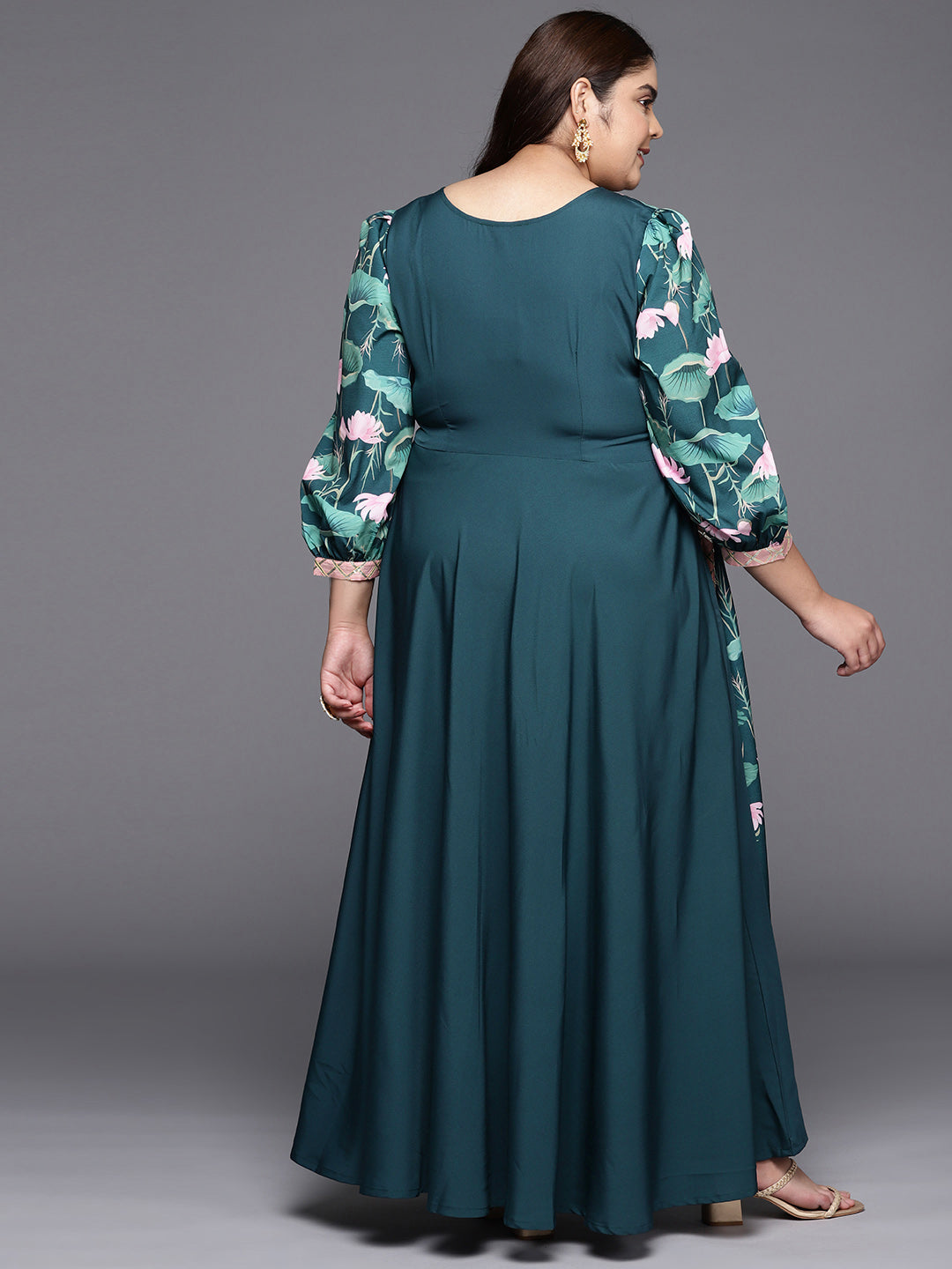Green Floral Printed Plus Size Maxi Ethnic Dress-AH