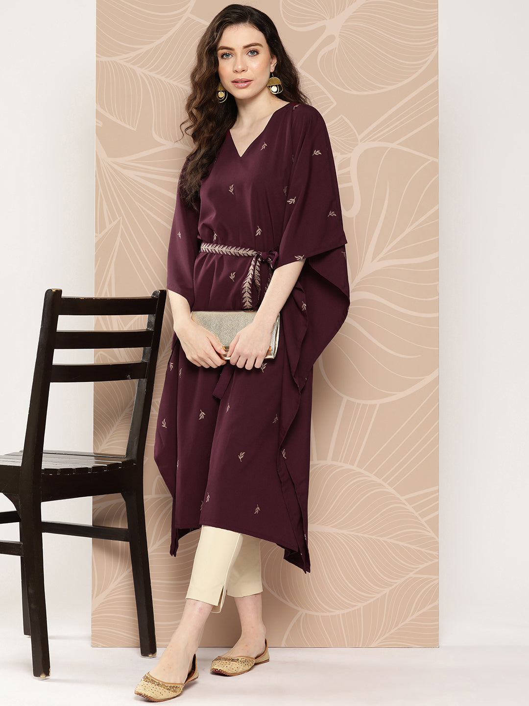 Burgundy Floral Printed Belted Detail Kaftan Kurta