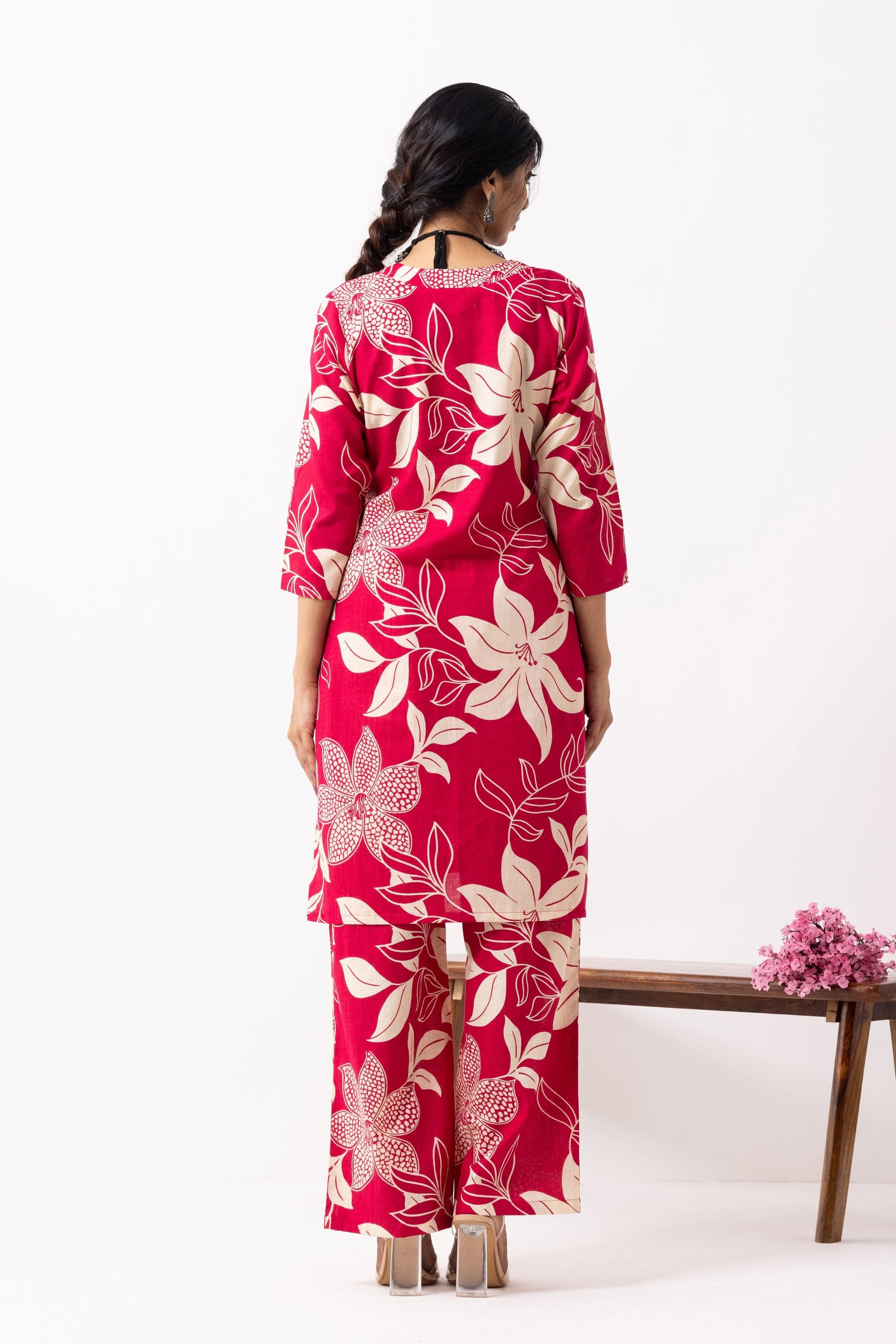 Crimson Red Block Printed Kali Kurta Set (Set of 2)- IC