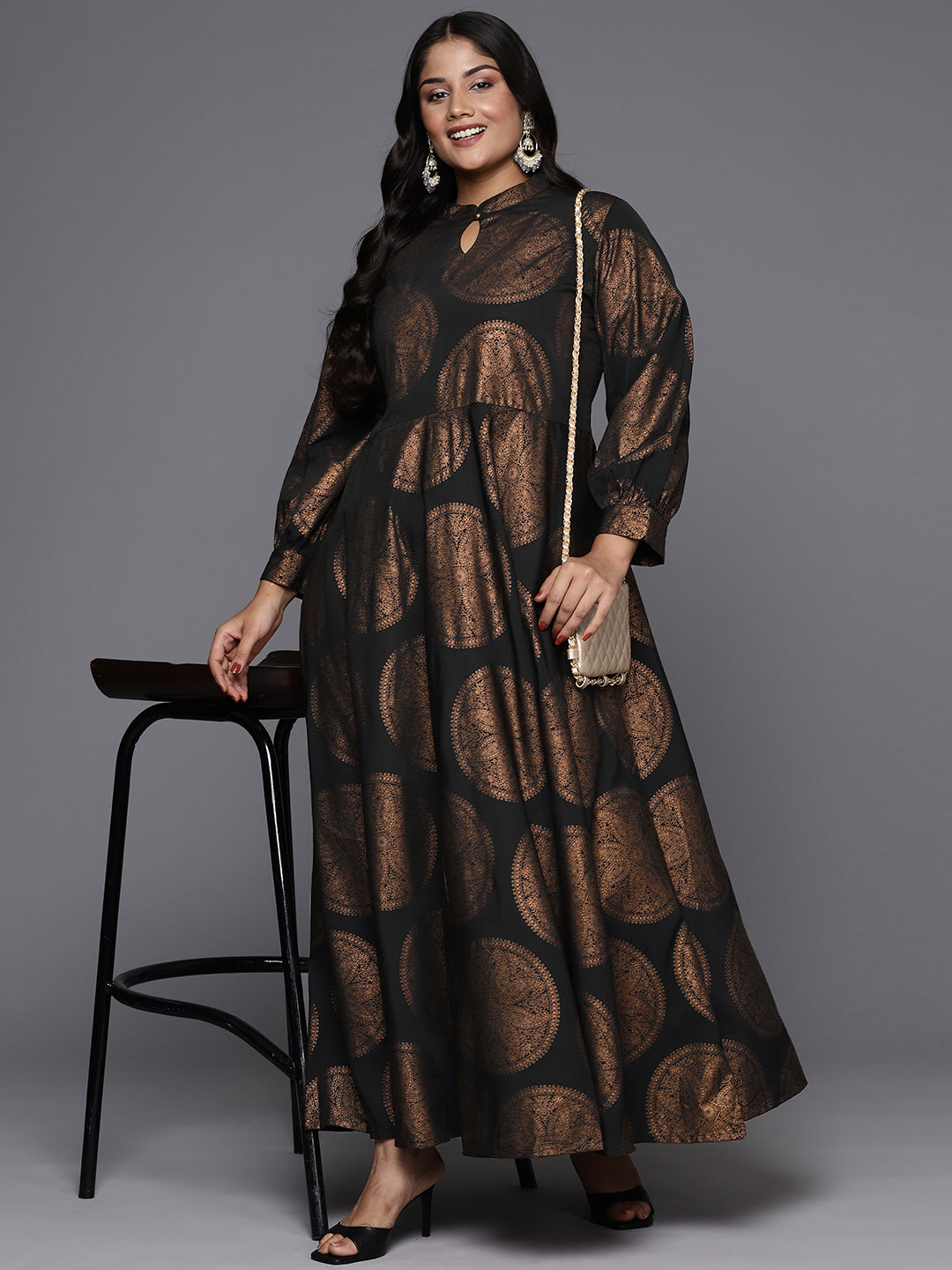 Black & Copper Printed Plus Size A-line Maxi Dress