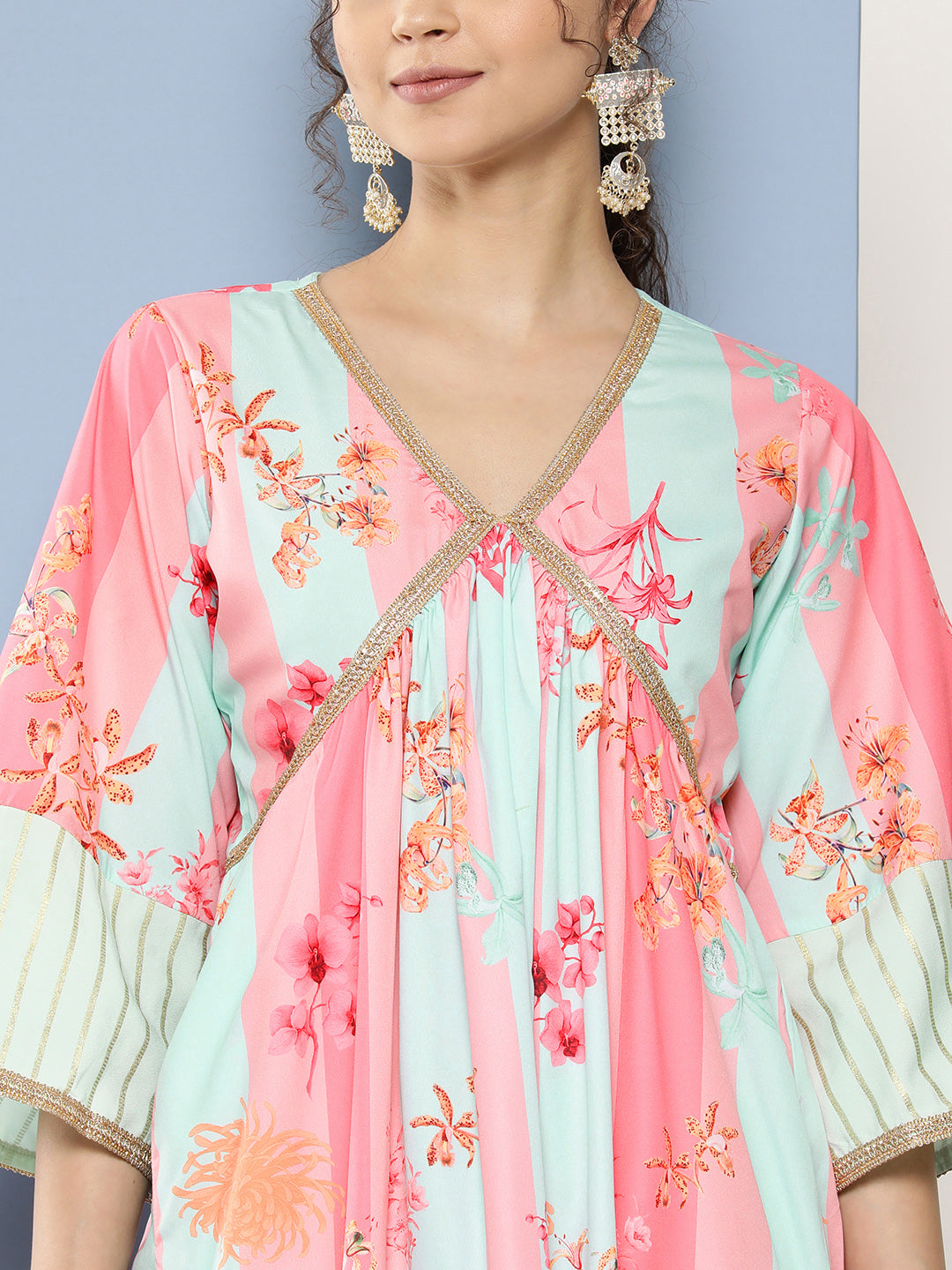 Pink & Blue Floral Printed Pleated Gotta Patti Kurta With Palazzos