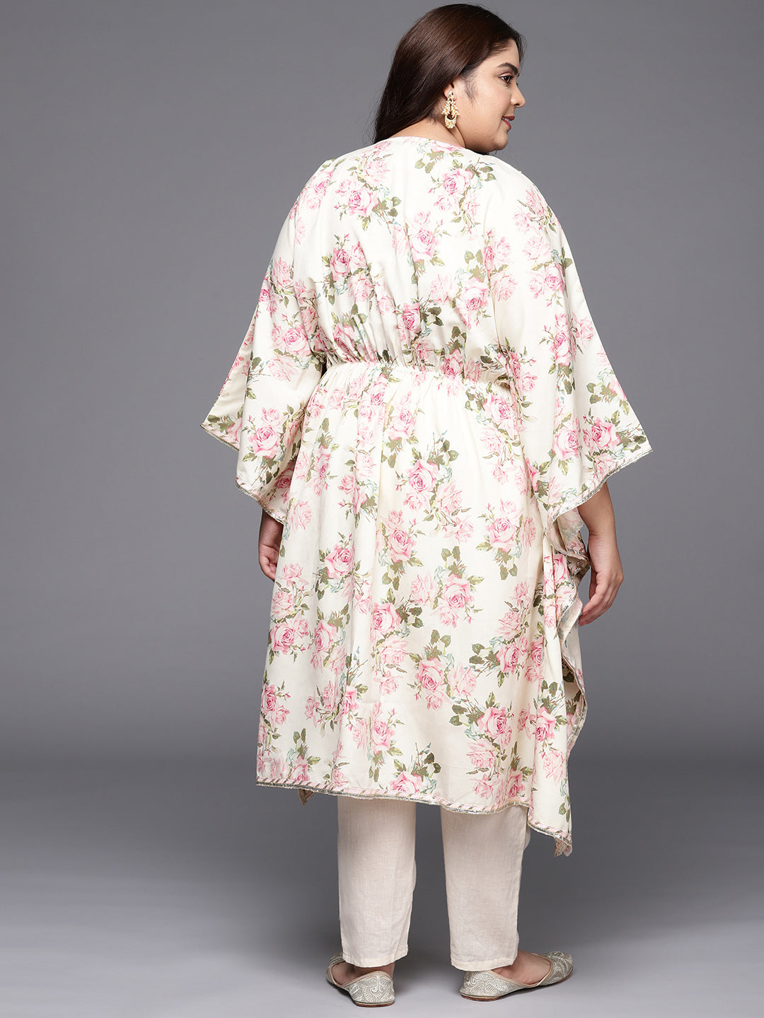 Off White Plus Size Floral Printed Kaftan Kurta