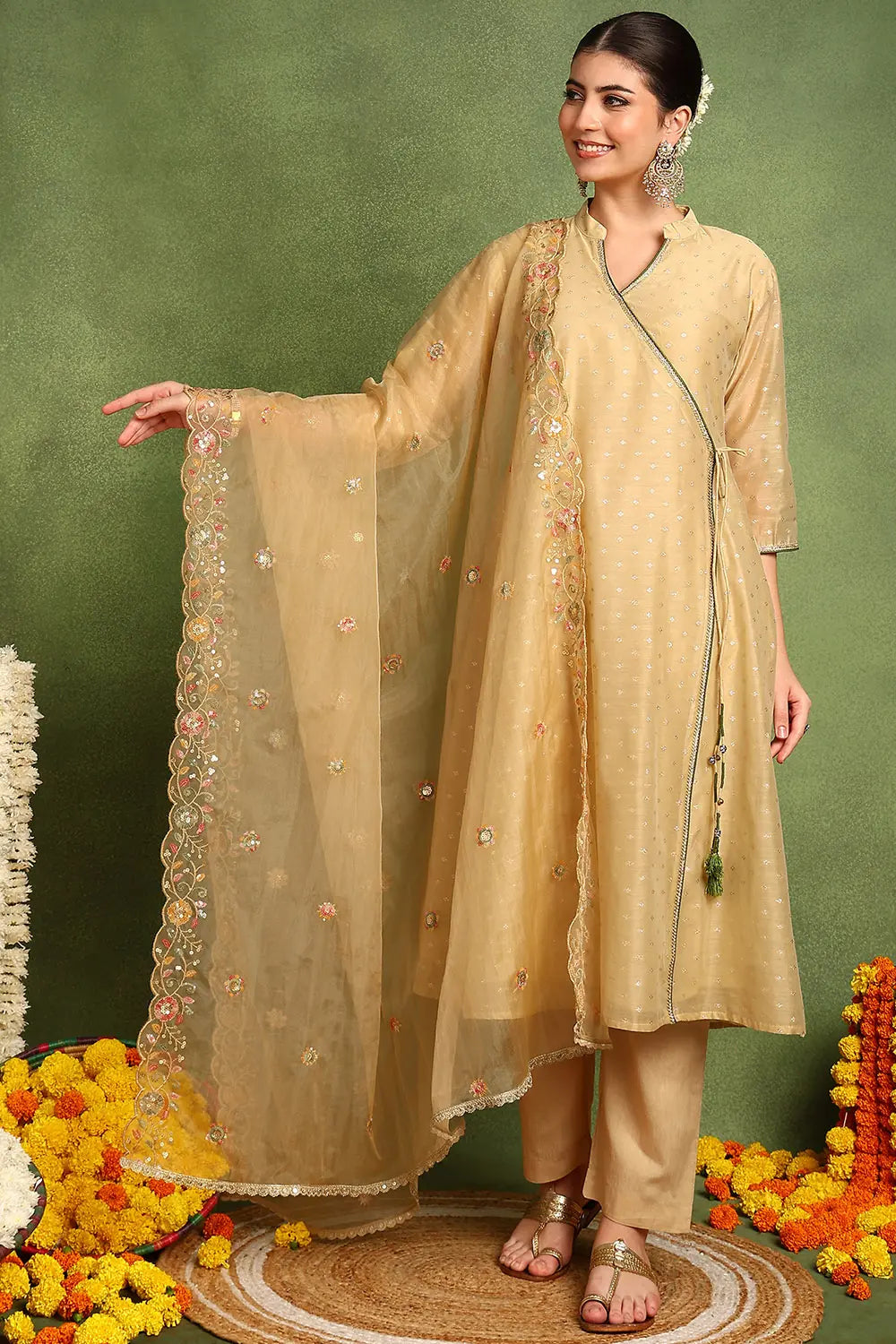 Beige Organza Scalloped Dupatta