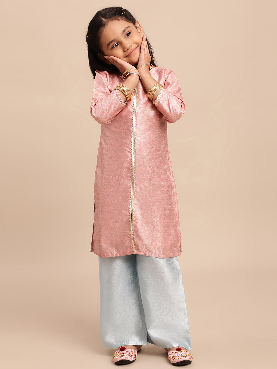 Pink Poly Silk Girls Kurta Set