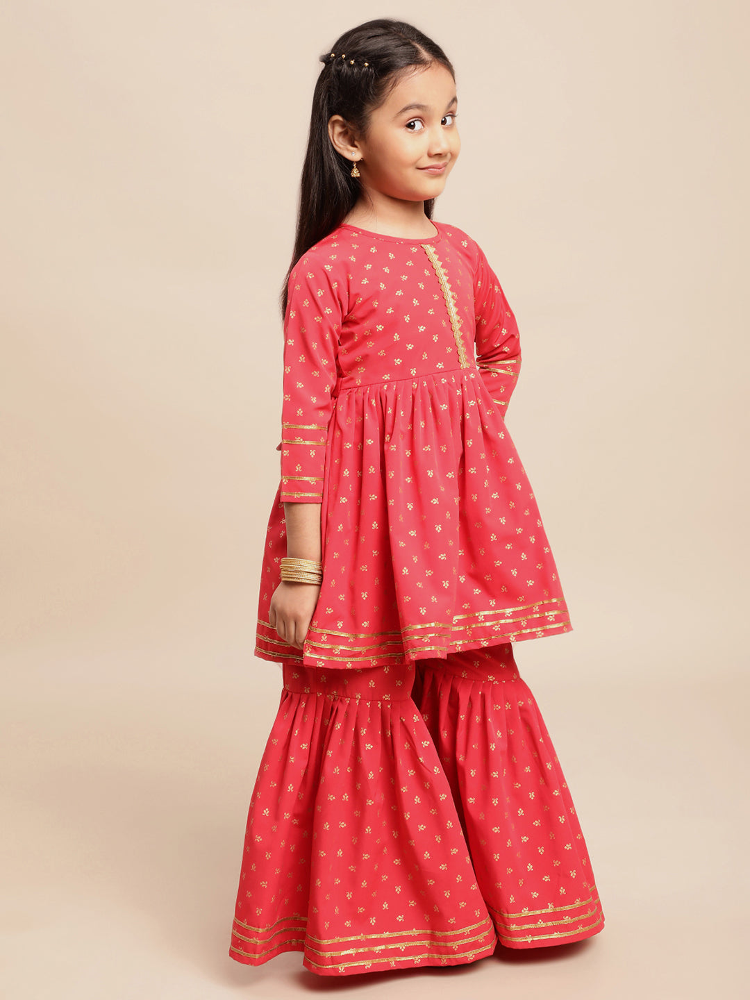 Red Cotton Girl's Frock Suit with Gharara Palazzo