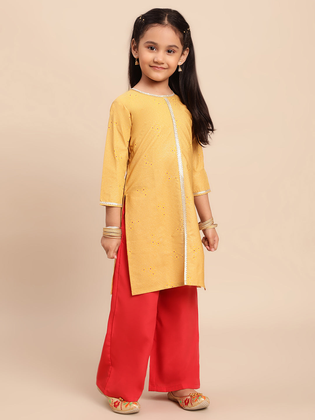 Mustard Yellow & Red Printed Girls Kurta Set