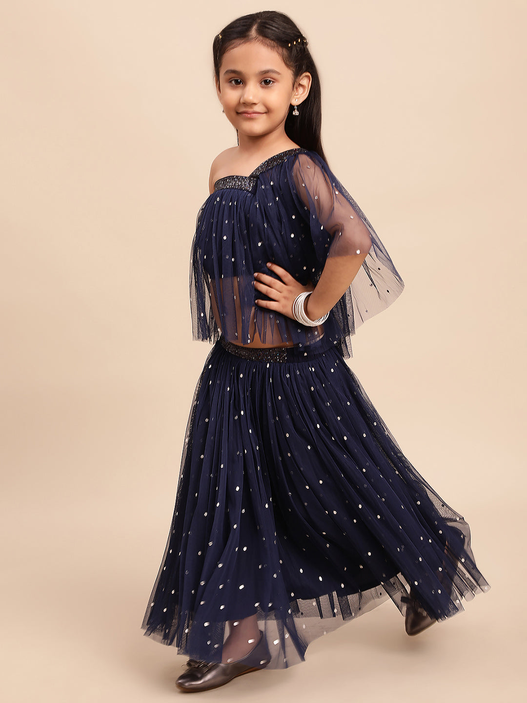 Navy Blue Net Asymmetric Girl's Kurta Sets