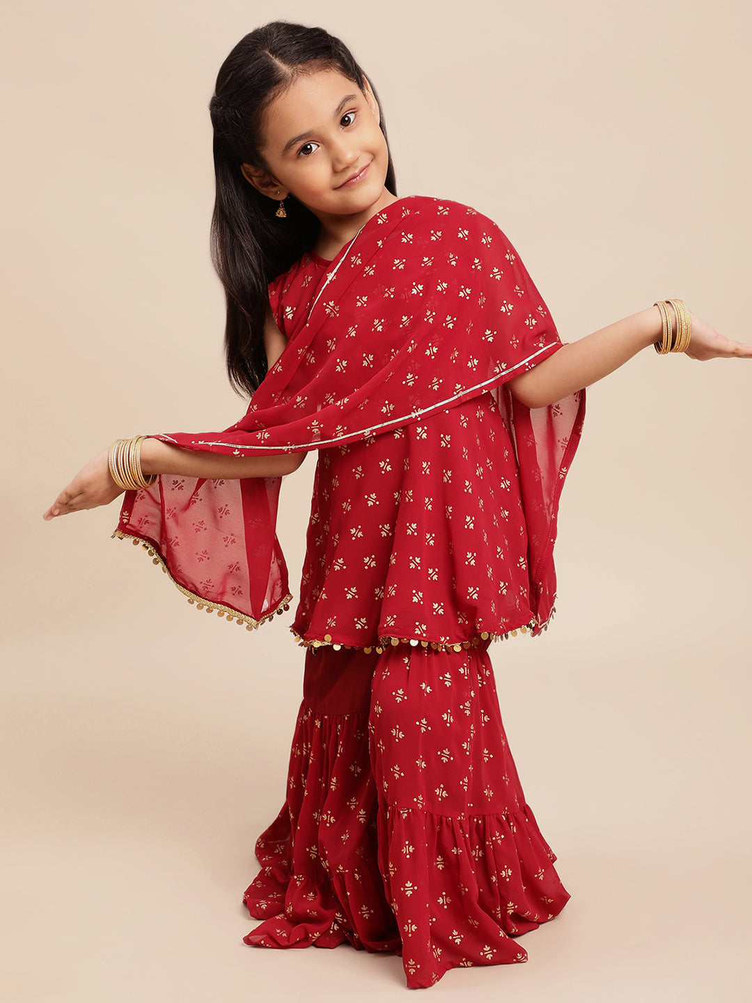 Maroon & Gold Foil Print Girls Peplum style Sharara Set With Dupatta