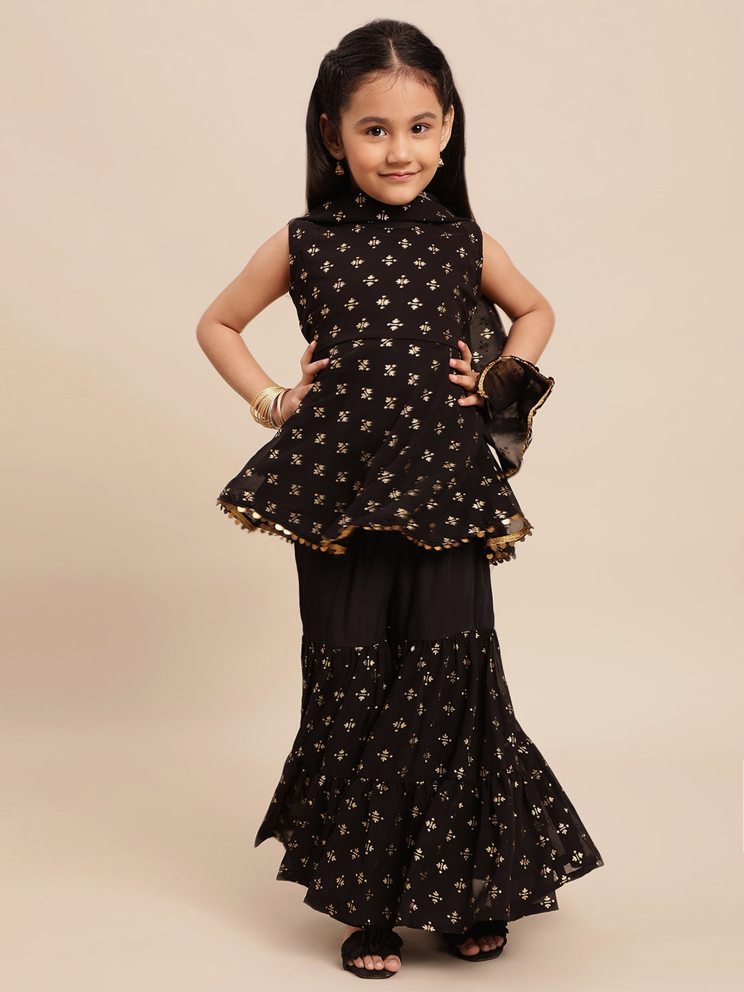 Black Georgette Gold Foil Print Girls Peplum style Sharara Set With Dupatta