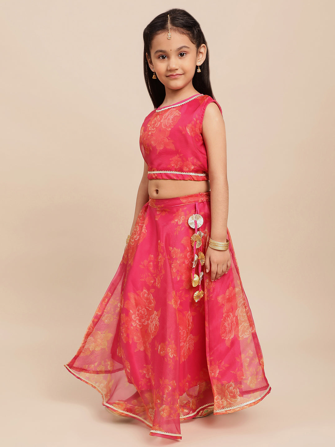 Pink Organza Digital Print Girls Lehenga Choli