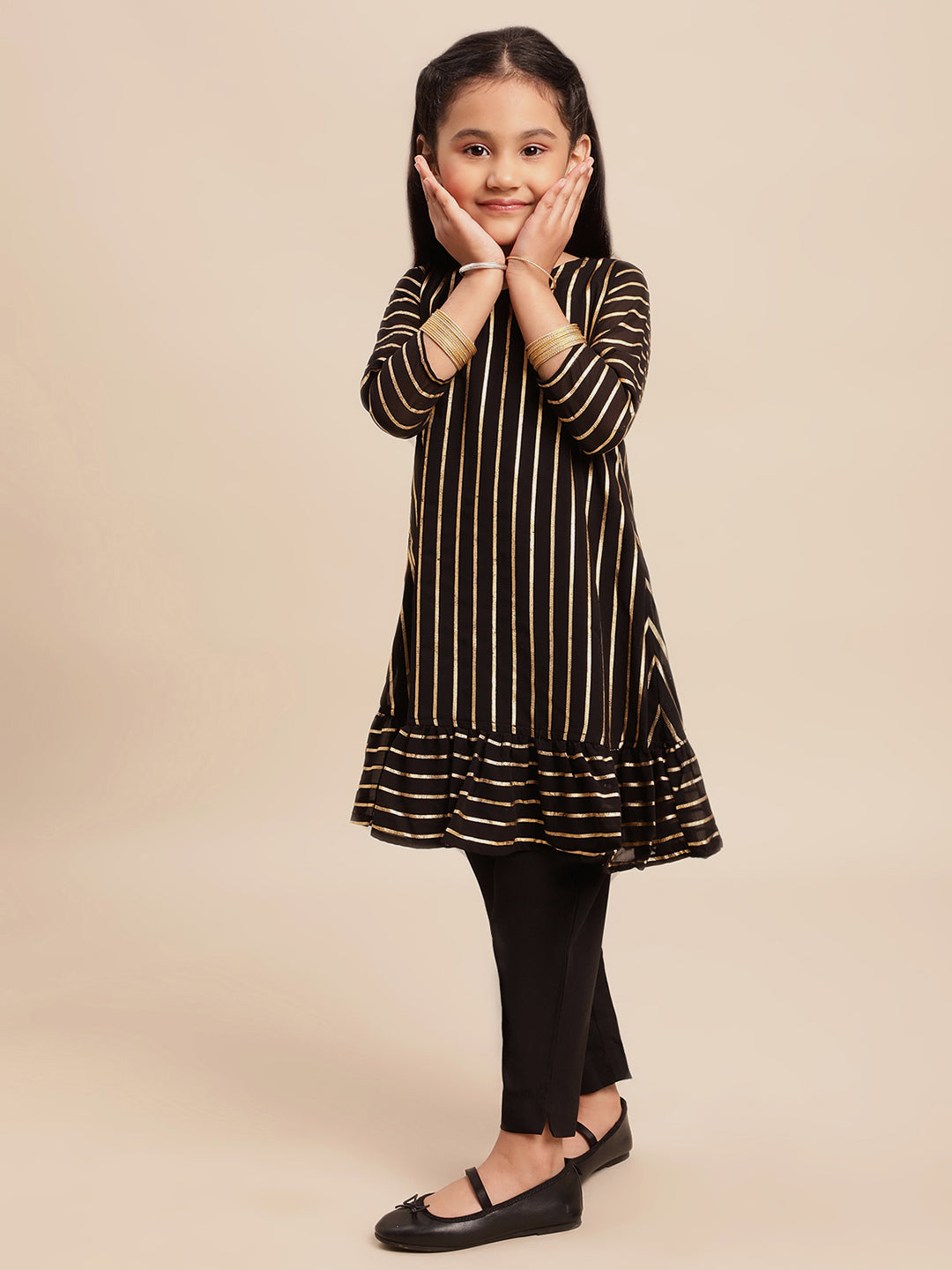 Black Printed Georgette Girls Kurta Set