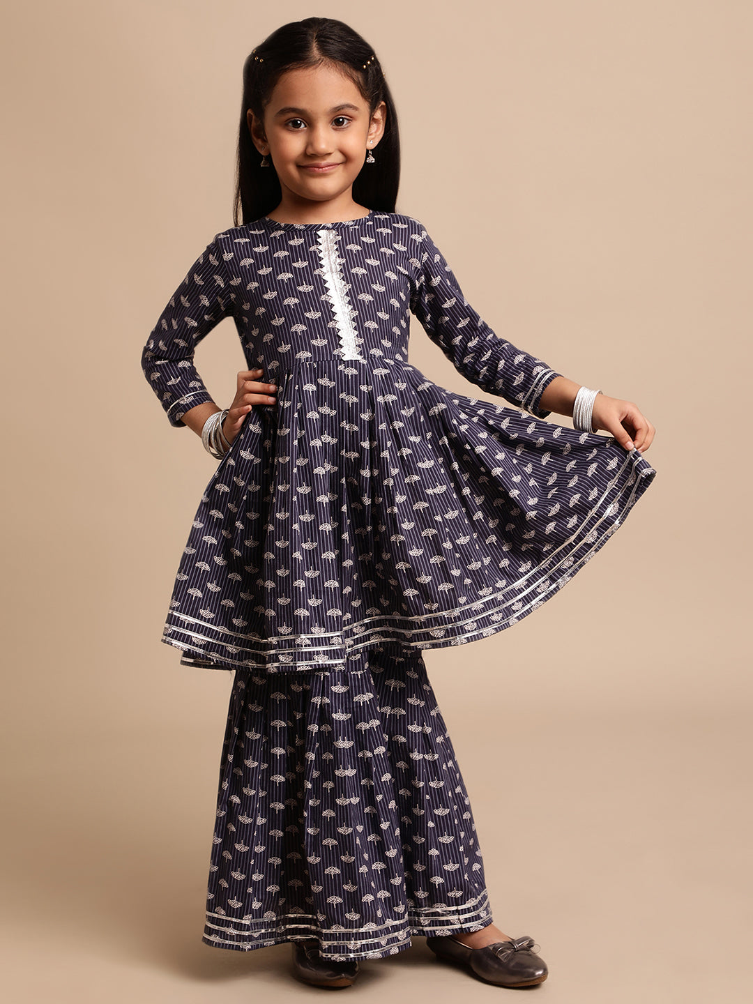 Navy Blue Pure Cotton Digital Printed Girls Sharara Set