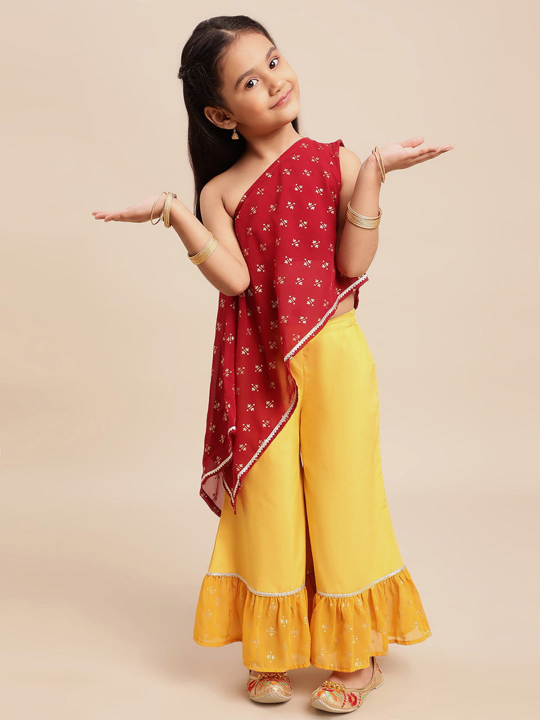 Maroon & Yellow Georgette Asymmetric Kurta Sets