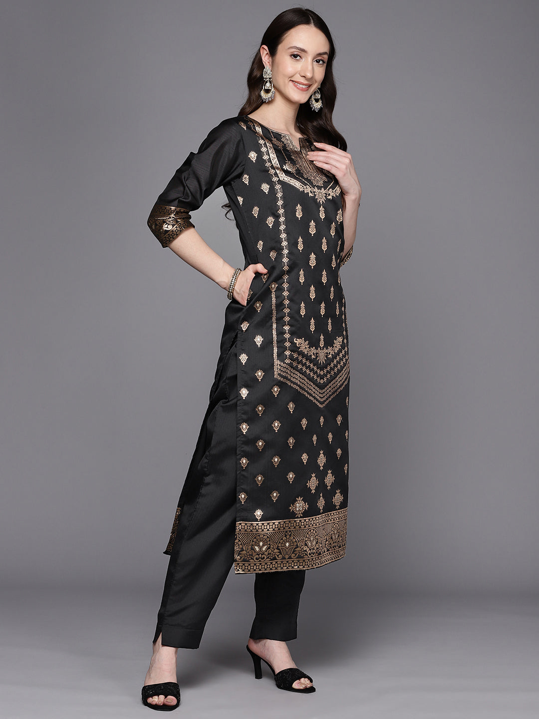 Black Woven Design Unstitched Dress Material