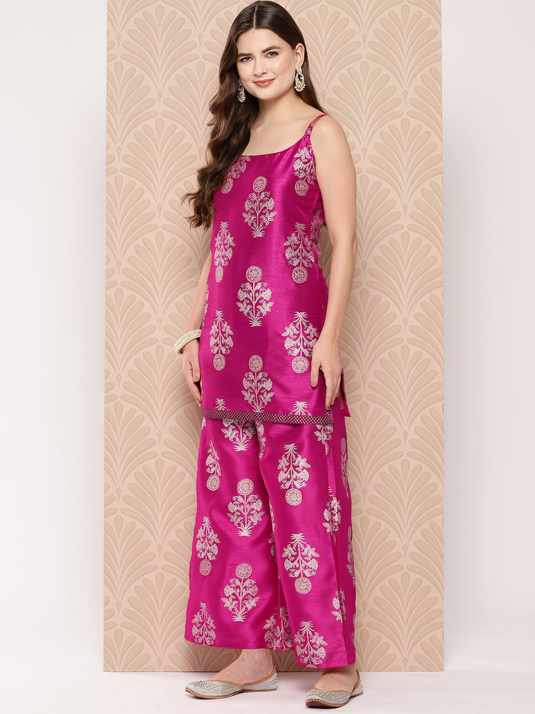 Pink Printed Kurti with Palazzos & With Dupatta