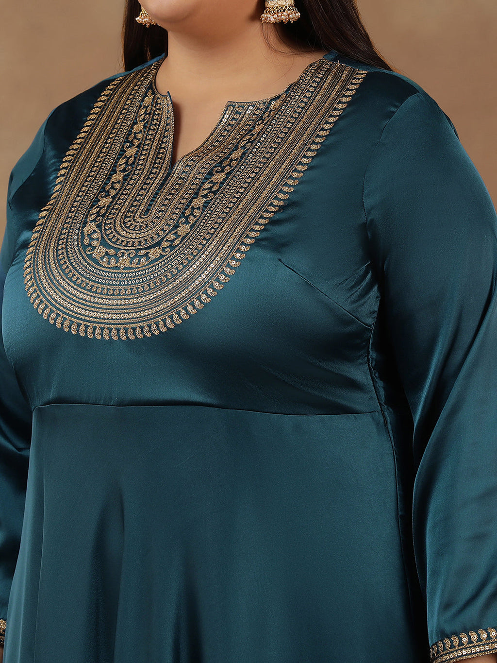 Floral Yoke Design Sequinned Satin Anarkali Kurta with Dupatta - ID