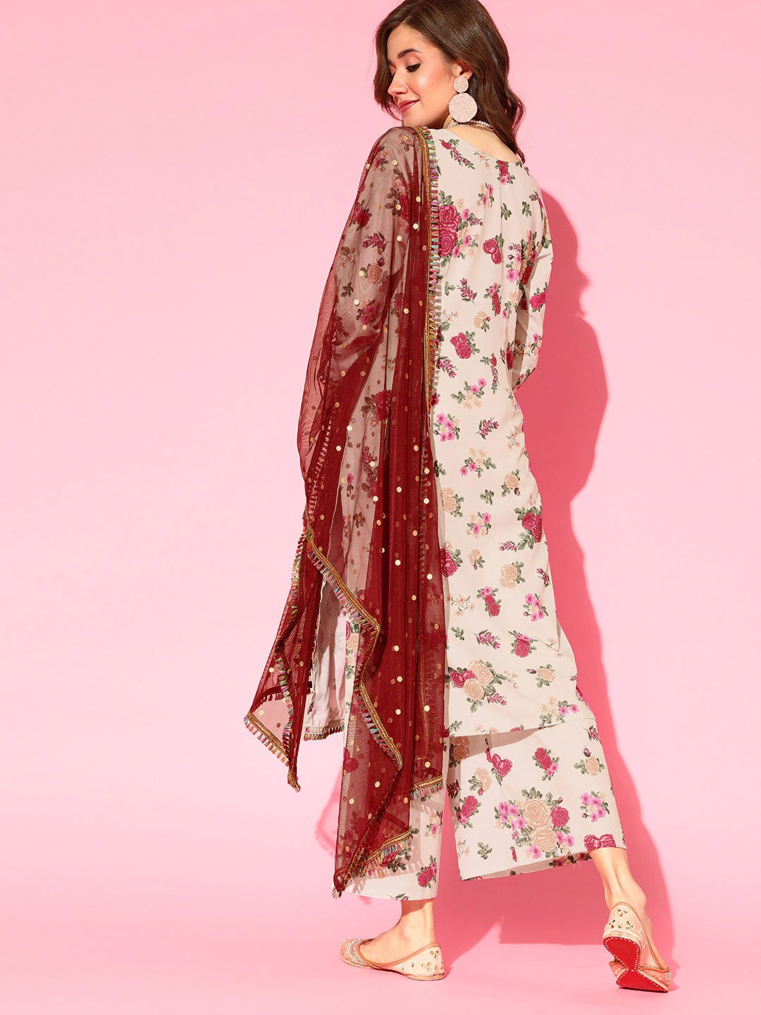 Beige Floral Printed Regular Gotta Patti Kurta with Palazzos & With Dupatta