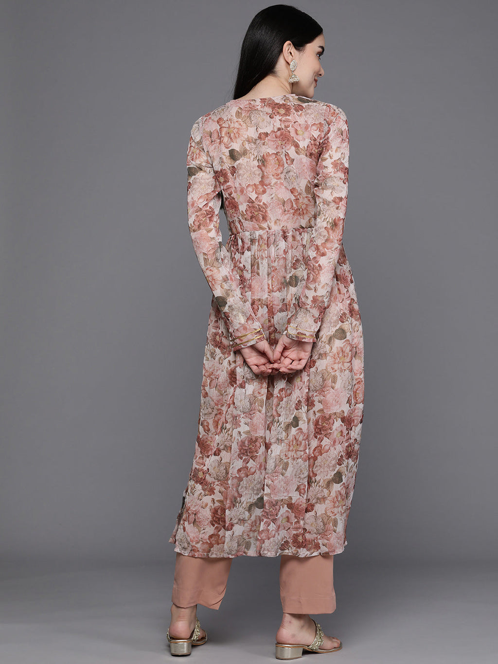 Women Floral Printed Pleated Gotta Patti Kurta with Trousers-AH