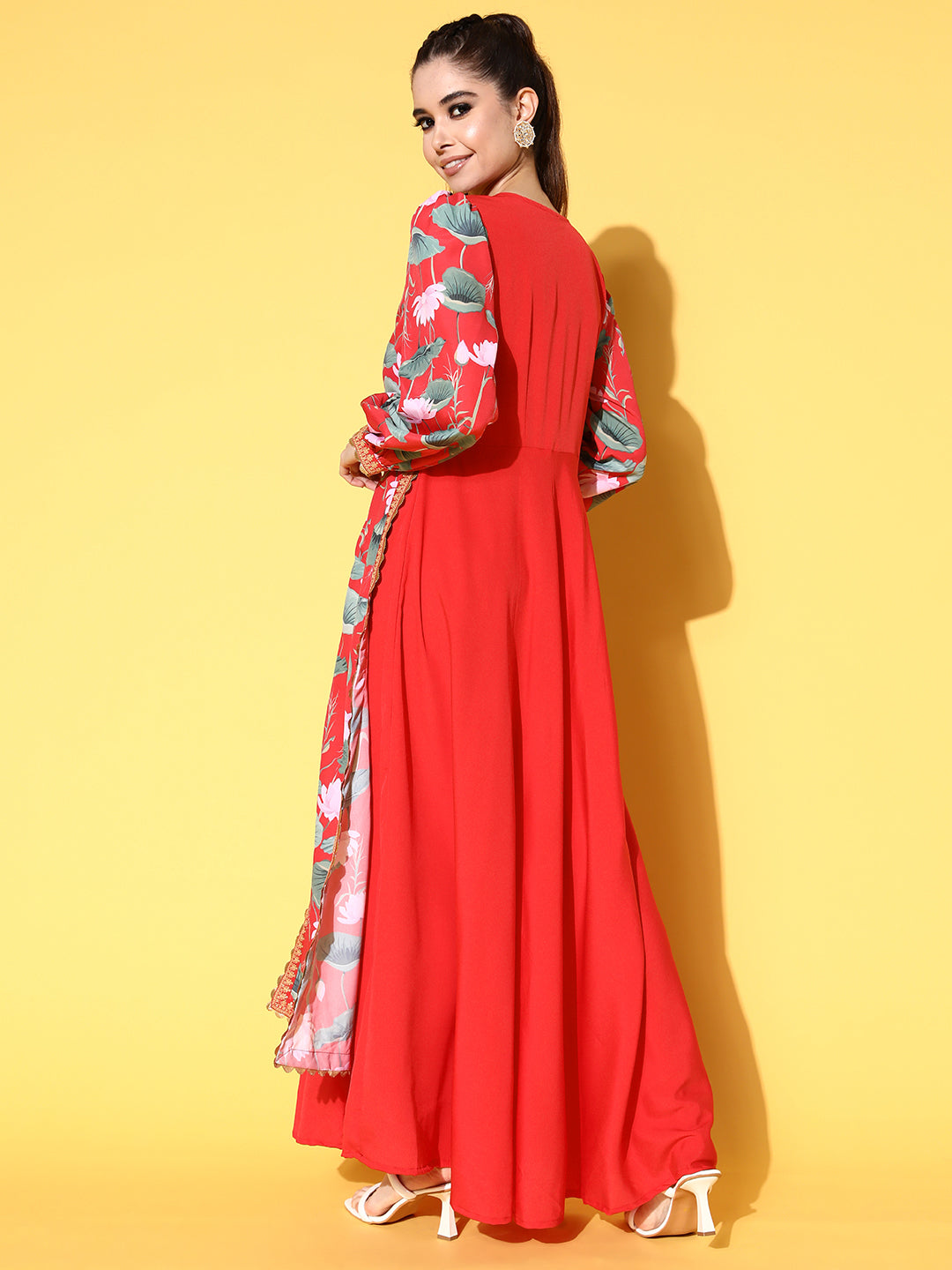 Red Floral Printed Tie-Ups Maxi Ethnic Dress