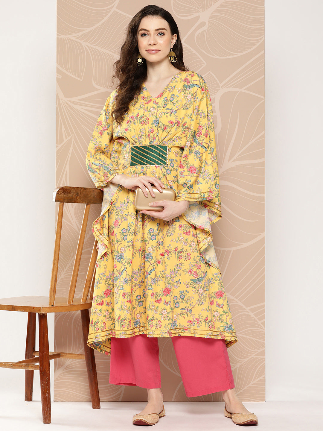 Yellow & Green Floral Printed Gotta Patti Floral Kaftan Kurta