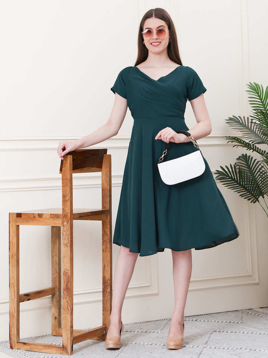 Exude Intrepid V-Neck Front Pleat Dress with Pockets