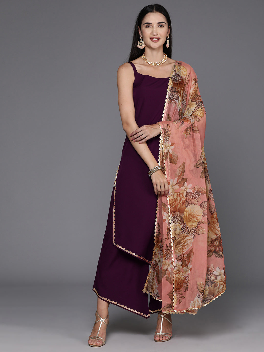 Burgundy Gotta Patti Kurta with Palazzos & Dupatta