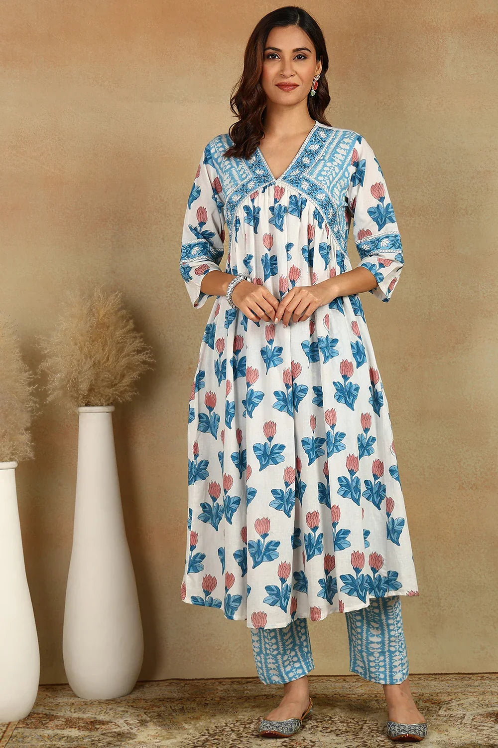 White/ Blue 'A' Line Kurta