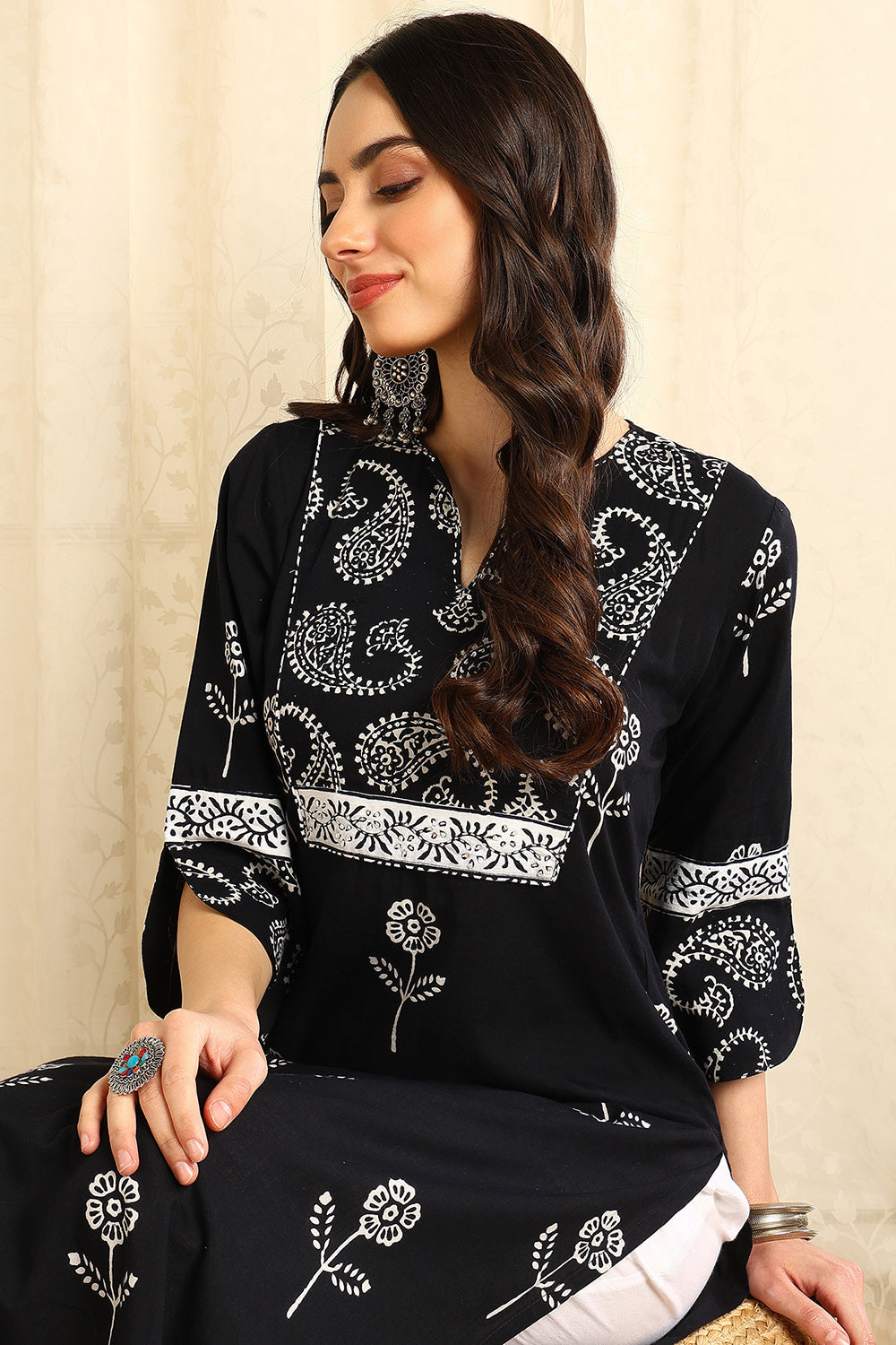 Black Straight Bagru Kurta