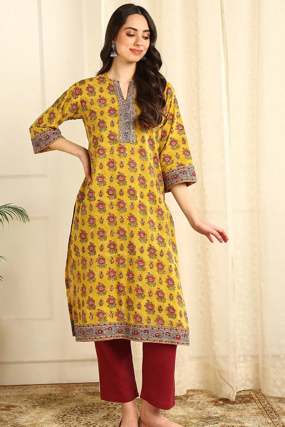 Mustard Yellow Straight Sanganeri Kurta