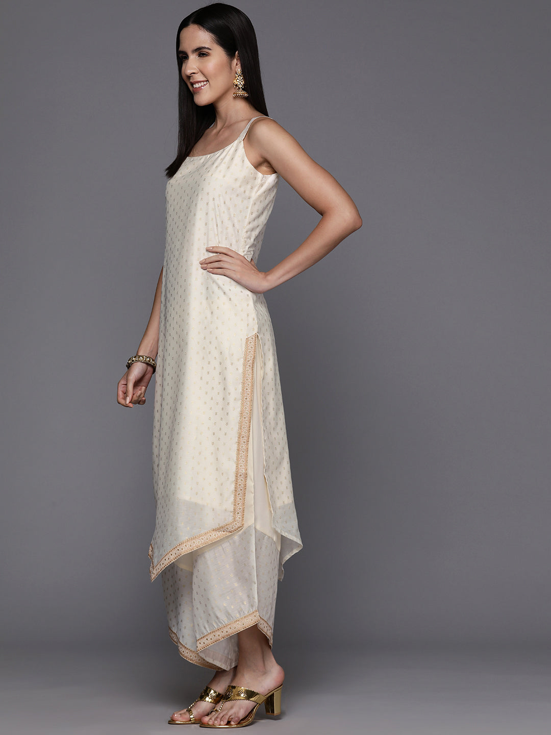 Off White Printed Chanderi Silk Kurta with Palazzos & Printed Dupatta