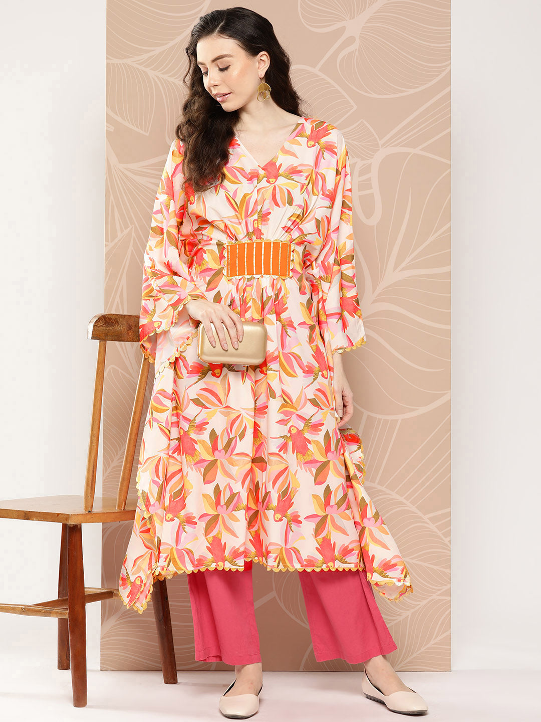 Off White & Orange Floral Printed Gotta Patti Kaftan Kurta