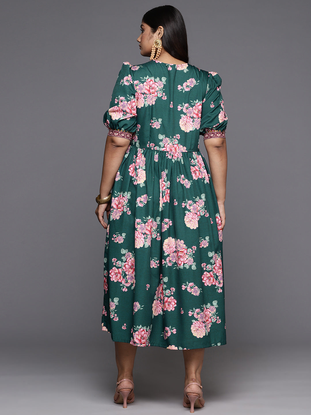 Green & Pink Plus Size Floral Printed A-Line Midi Dress