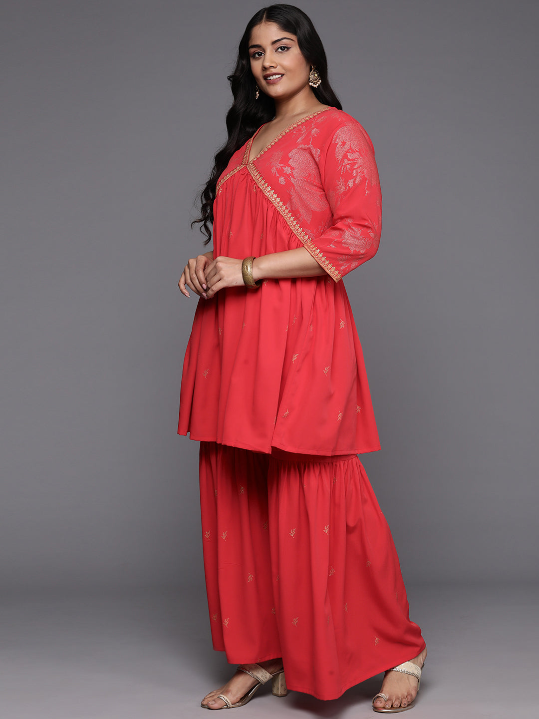 Red & Gold Plus Size Printed Ethnic Co-Ords