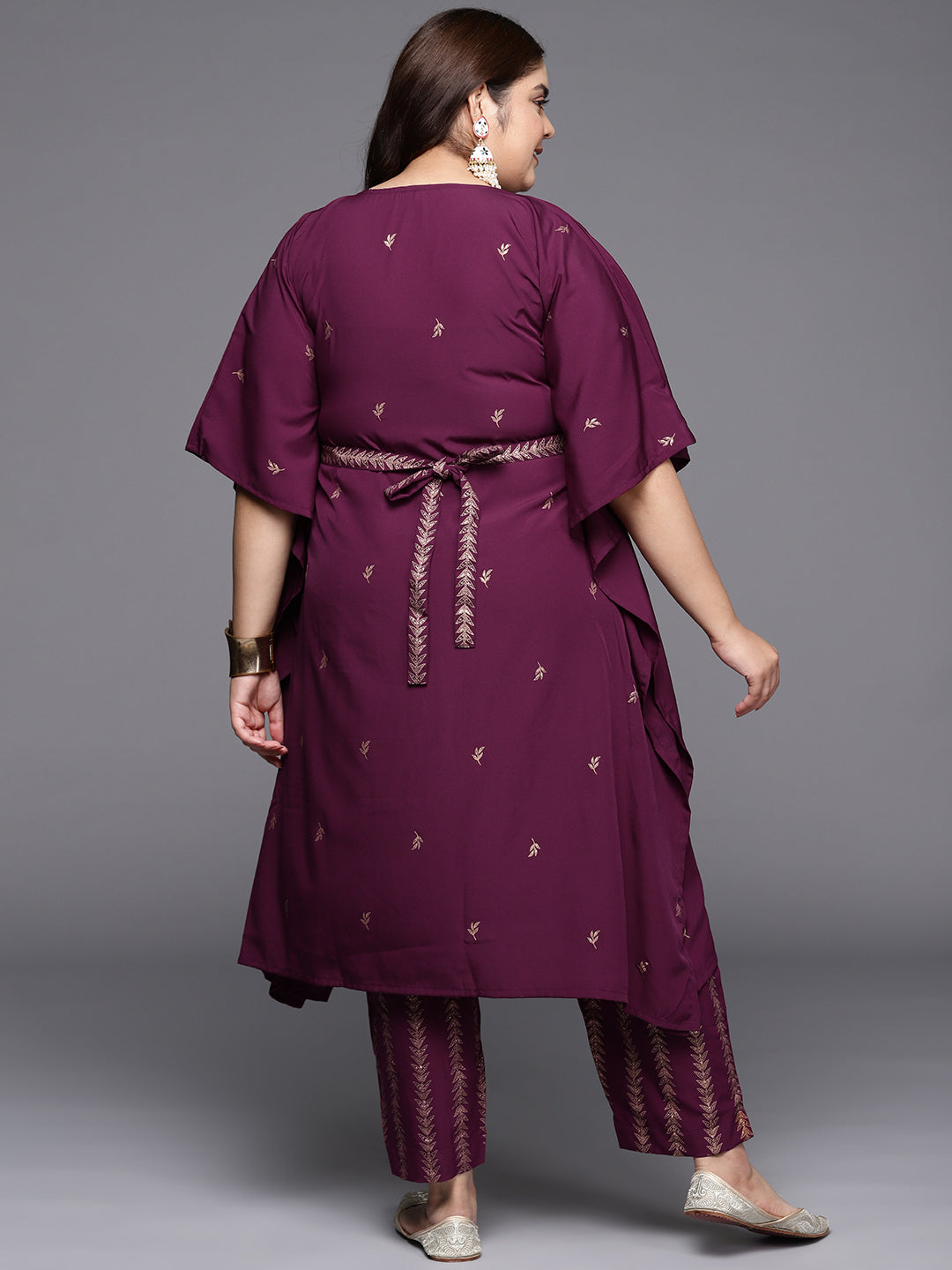 Burgundy & Gold Printed Plus Size Kaftan Kurta with Trousers