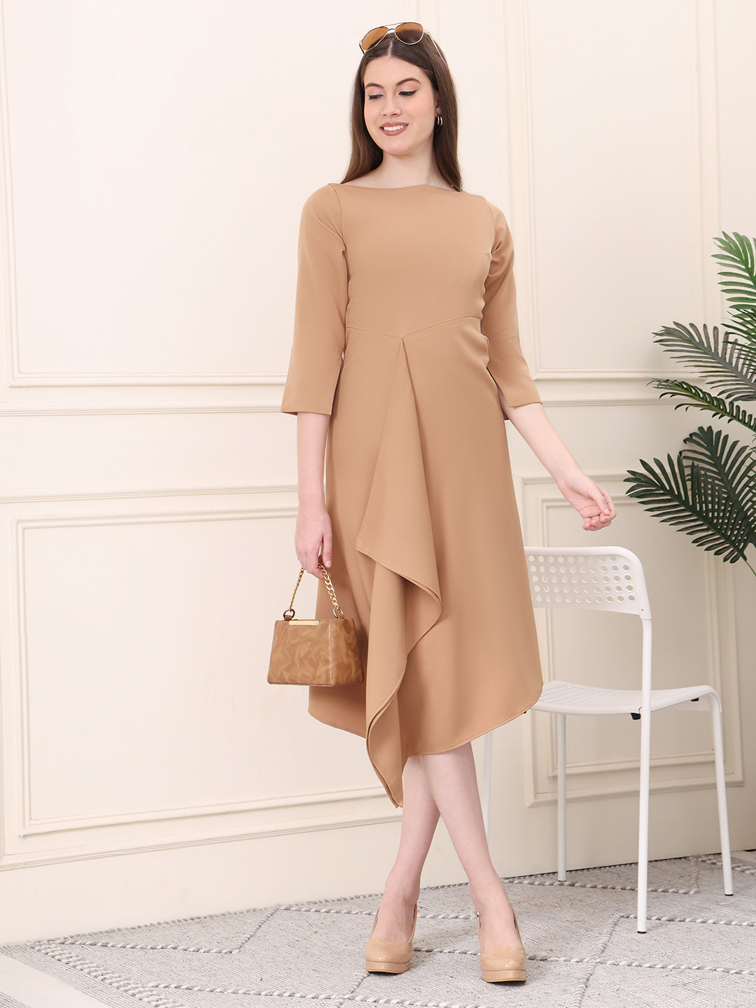 Exude Sunlit Drape Dress With Sleeves