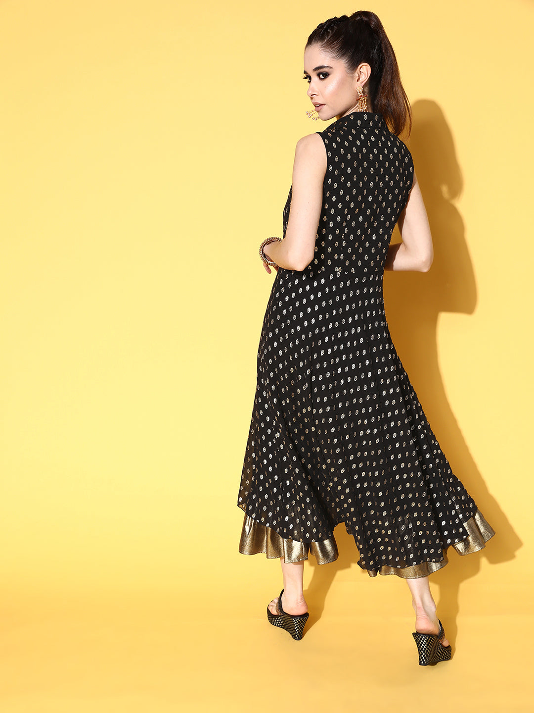 Black Georgette Golden Printed Midi Fit & Flare Ethnic Dress