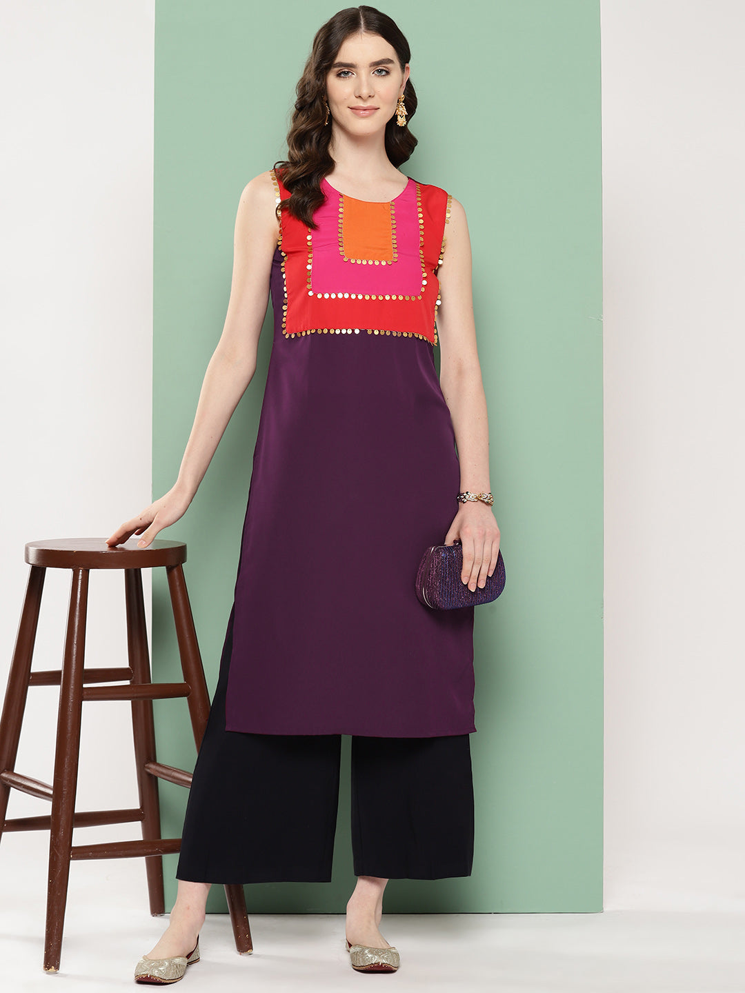 Burgundy Yoke Design Sequined Kurta