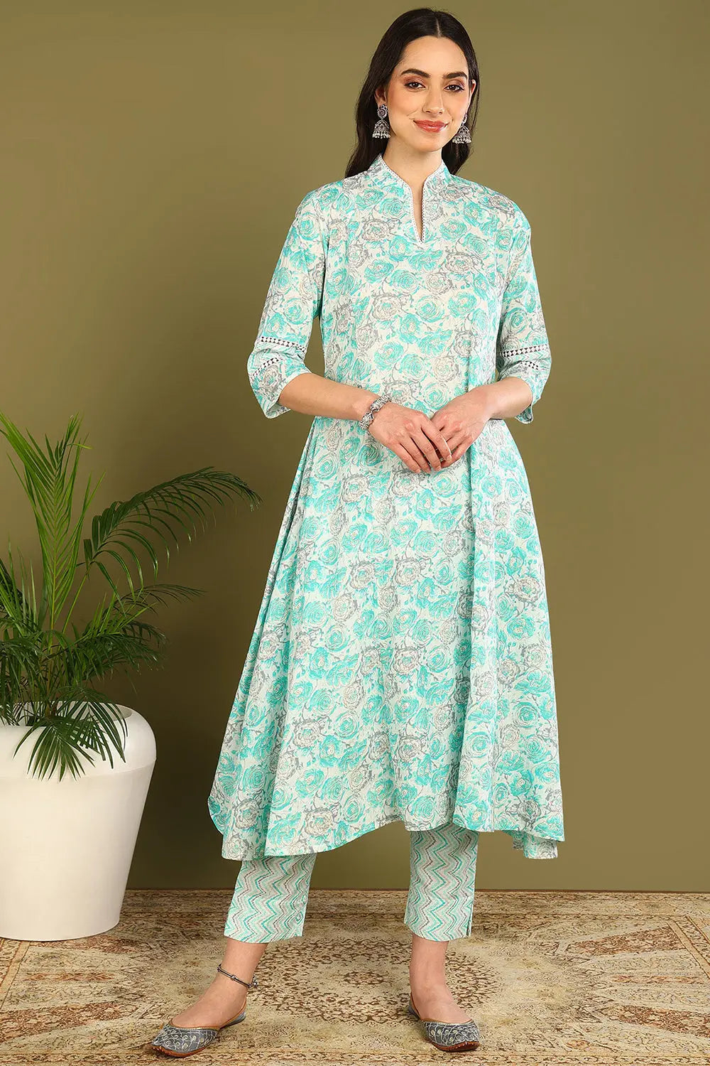 Green Printed 'A' Line Sanganeri Kurta