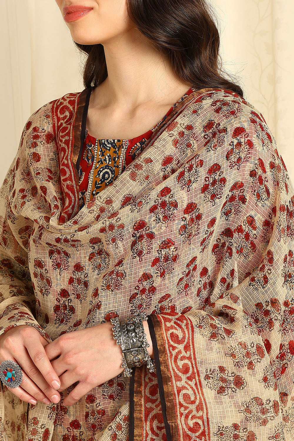 Maroon/Beige Kota Doria Dupatta